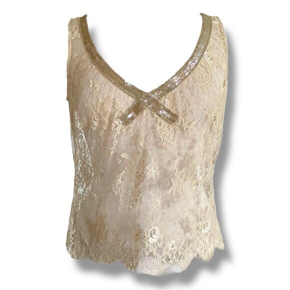Y2k Vintage Collette Dinnigan Womens Top Sz Large Cream Sheer Lace Sequin Beaded - Picture 1 of 5